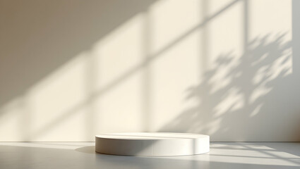 Poster - Minimalist Display Platform with Natural Light and Shadow Play, Ideal for Product Presentation and Artistic Visualizations in a Modern, Serene Setting