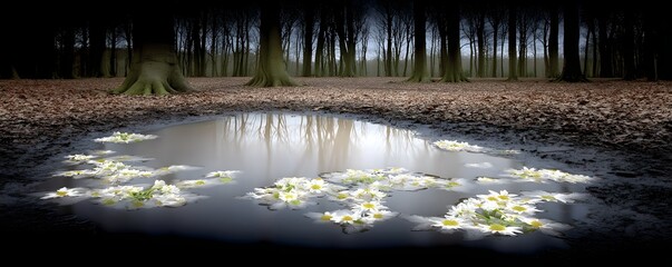Poster - A mirror in the middle of a forest reflecting a completely different landscape, hyper-detailed contrast, cinematic storytelling, mysterious atmosphere