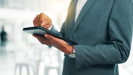 Poster - Hands, review and tablet with business person in office for information, project management, report. App, data and research with corporate employee in professional workplace for company development