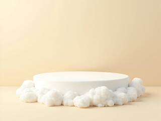 Poster - minimalist product display platform on a warm beige canvas with cotton-like adornments, evoking sere