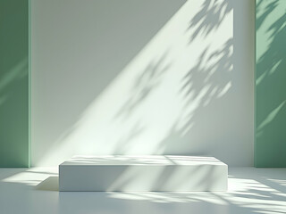 Poster - Minimalist Product Showcase, A Sleek White Podium Bathed in Natural Light, Perfect for Modern Advertising and Presentation Displays with Subtle Green Accents
