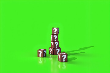 Wall Mural - mysterious tower of question marks, a stack of brown dice with enigmatic symbols set against a vibra