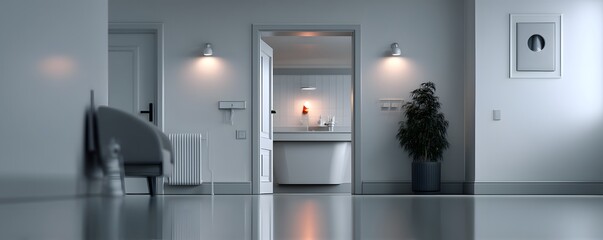 Poster - a man walking through a door that leads into an infinite loop of identical rooms, soft glowing ambie