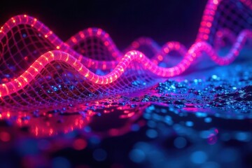 Wall Mural - illuminated sine wave across a textured surface featuring vivid pink and blue lighting effects