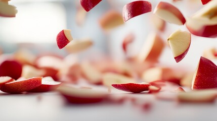 Poster - Sliced apples are captured falling slowly against a clean white backdrop, emphasizing their vibrant colors and fresh, juicy texture in a dynamic display