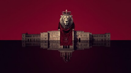 Poster - Majestic lion king atop a regal building, reflected in a dark pool.