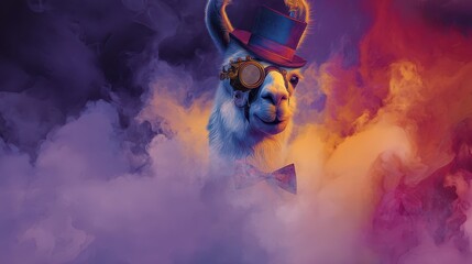 Poster - Steampunk llama in dramatic smoky background.
