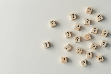 Wall Mural - scattered question marks on wooden blocks against a light muted surface, representing uncertainty, c