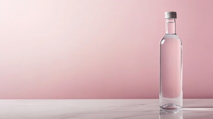 Leinwandbilder - A sleek glass water bottle exhibits condensation while resting on a polished marble surface, illuminated by gentle natural light against a blush pink background