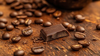 Poster - A rustic wooden table showcases scattered coffee beans around a piece of dark chocolate, illuminated by warm lighting that accentuates the rich details
