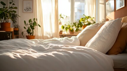 Poster - King-size bed with layered white and beige bedding creates a calm retreat, enhanced by sunlight filtering through sheer curtains and surrounding greenery