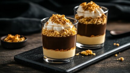 Aufkleber - Three elegant dessert glasses showcase layers of rich chocolate mousse, light whipped cream, and crunchy cookie crumbs that create an indulgent treat