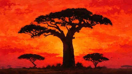 Baobab tree silhouetted against a vibrant sunset sky in an African landscape