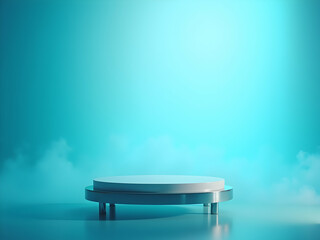 Poster - Serene Ocean Blue Gradient, A Captivating Studio Shot of a Minimalist Platform, Exuding Calm and Tranquility with Subtle Cloud Accents and Gentle Illumination