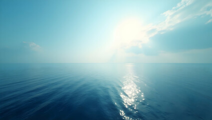 Poster - Serene Seascape, A vast expanse of navy blue ocean meets a calm horizon under a bright sky, reflecting sunlight in a tranquil and meditative scene