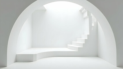 Poster - Serene White Alcove, A Minimalist Architectural Design Featuring Smooth Arches and Geometric Staircase in a Bright Lit Interior Space Ideal for Contemplation