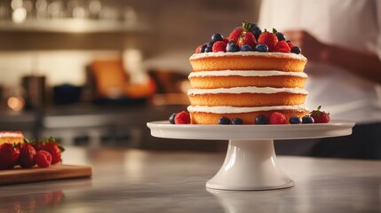 Poster - A perfectly crafted layered cake adorned with glossy strawberries, blueberries, and raspberries rests on a white cake stand in a cozy kitchen atmosphere