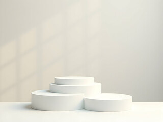 Poster - sleek minimalist presentation, stacked white podiums of varying sizes on light surface with subtle s
