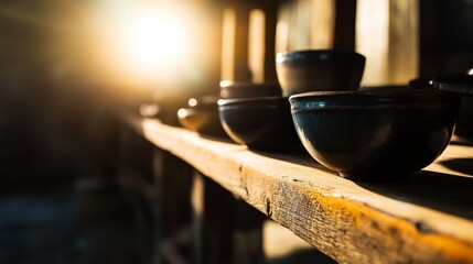 Leinwandbilder - A collection of unique ceramic vases, bowls, and sculptures are arranged on a rustic wooden shelf, with soft natural light enhancing their textures and colors