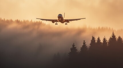Poster - A sleek private aircraft descends toward landing, cutting through fog above a forest, with soft morning light illuminating the treetops