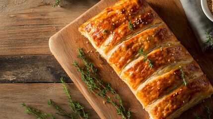 Poster - Freshly baked meat and egg pastry showcases a golden flaky crust on a rustic wooden cutting board, enhanced with rosemary sprigs and sesame seeds