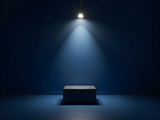Aufkleber - Sophisticated minimalist studio setup featuring a deep sapphire navy wall illuminated by a central spotlight enhancing depth and showcasing a subtle platform
