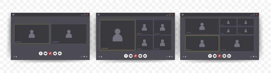 Videocall User Interface. Set of Video chat screen template. Online chat with avatar and buttons for mobile, computer, laptop. Flat Vector illustration.
