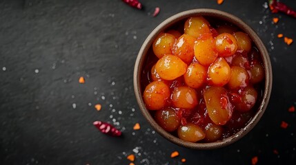 Poster - Spicy, caramelized pearl onions sit glistening in a rustic clay bowl on a dark surface, enhanced by scattered red chili flakes for a bold visual contrast
