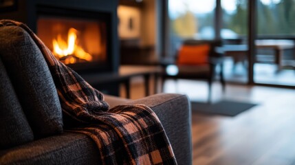Aufkleber - A vintage armchair draped in a plaid throw sits near a crackling fireplace, filling the room with warmth and comfort in the still ambiance
