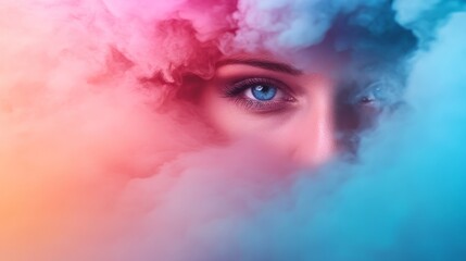 Aufkleber - Close-up view of captivating eyes surrounded by soft pastel mist creates a surreal and dreamlike atmosphere, highlighting unique textures and colors