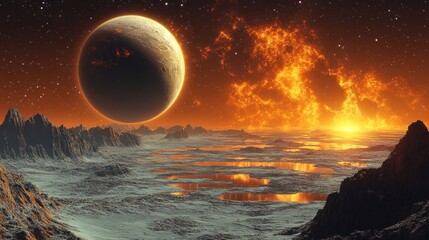 Wall Mural - Fiery celestial landscape with a planet.