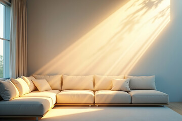 Poster - Sunlit Serenity, A Minimalist Interior with Warm Tones and Natural Light Accentuating the Cozy and Inviting Atmosphere of a Modern Living Room