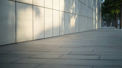 Aufkleber - A sleek concrete wall runs beside a quiet urban street, with sunlight filtering through trees, creating gentle shadows on the smooth pavement below