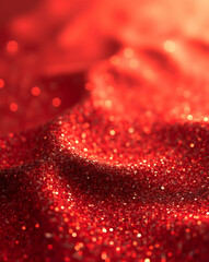 Poster - Vibrant cascade of shimmering red glitter, densely scattered and catching the light in a mesmerizing dance of sparkle and festive color, a textured surface