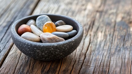 Poster - A minimalist stone bowl is filled with smooth river stones and a single crystal orb, resting on an aged wooden surface illuminated by soft natural light