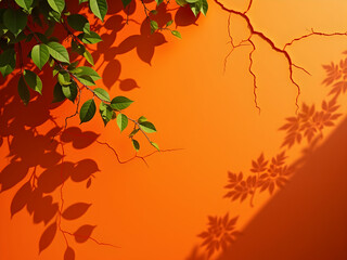 Poster - vibrant terracotta wall with intricate crack details casting abstract shadows, complemented by a lus
