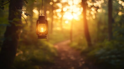 Poster - A flickering lantern hangs from a branch, illuminating a narrow dirt path through a dense, shadowy forest, creating a sense of adventure and mystery at sunset