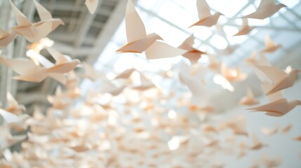 Fototapete - Delicate translucent paper birds appear to float effortlessly in the air, casting soft shadows on the white walls as natural light enhances their graceful movement