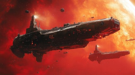 Wall Mural - Large spaceships navigate a fiery cosmic landscape.