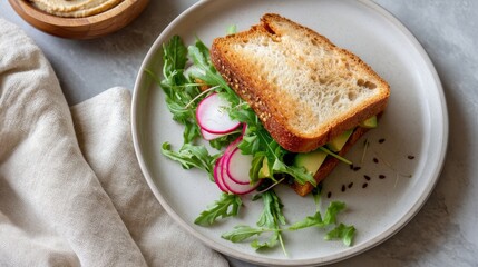 Poster - Multigrain toast sandwich filled with fresh avocado, radish, and arugula sits on a matte ceramic plate, accompanied by chia seeds and hummus for a healthy brunch