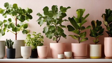 Leinwandbilder - A collection of unique exotic houseplants arranged in ceramic pots sits on a white shelf, enhancing the calmness of the soft pastel backdrop in a home setting