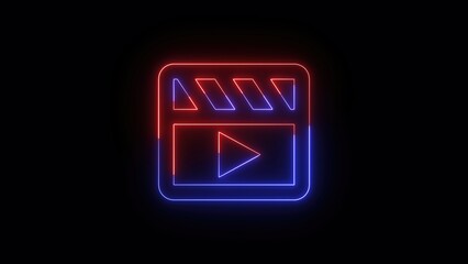 Poster - Glowing neon clapperboard play button symbol on black background digital illustration perfect for film and video production projects.