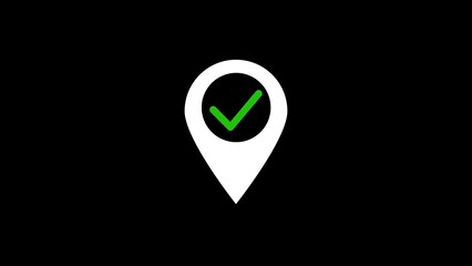 Poster - Approved location concept icon with a white marker containing a green checkmark on a black background suitable for digital projects and application design.