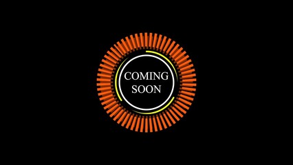 Poster - Modern coming soon graphic featuring circular design with orange and yellow accents on a deep black background for announcement concepts