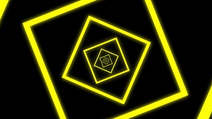 Poster - Abstract yellow neon squares illusion spiraling into infinity on black background forming tunnel perspective view