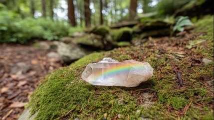 Poster - A beautiful clear quartz crystal lies on soft green moss in the forest, its facets sparkling in the sunlight, creating tiny rainbows that enhance the natural scenery