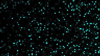 Poster - Abstract digital data stream background with glowing blue squares representing information flow and technological connections over a black backdrop, ideal for tech concepts.
