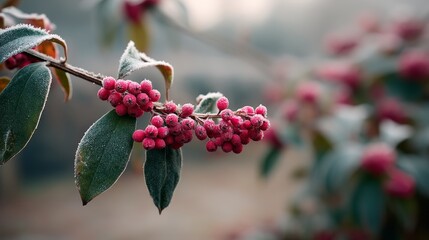 Poster - Clusters of ripe winterberries glisten with frost, standing out in vivid red against frozen leaves, creating a striking winter atmosphere and beauty