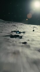 Wall Mural - futuristic drone with blue lights glides over a cratered moon surface under a starry sky, illuminate