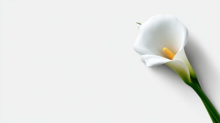 Aufkleber - Single white calla lily rests on a clean white backdrop, highlighting its elegant form and soft shadows that enhance its delicate features for a serene composition